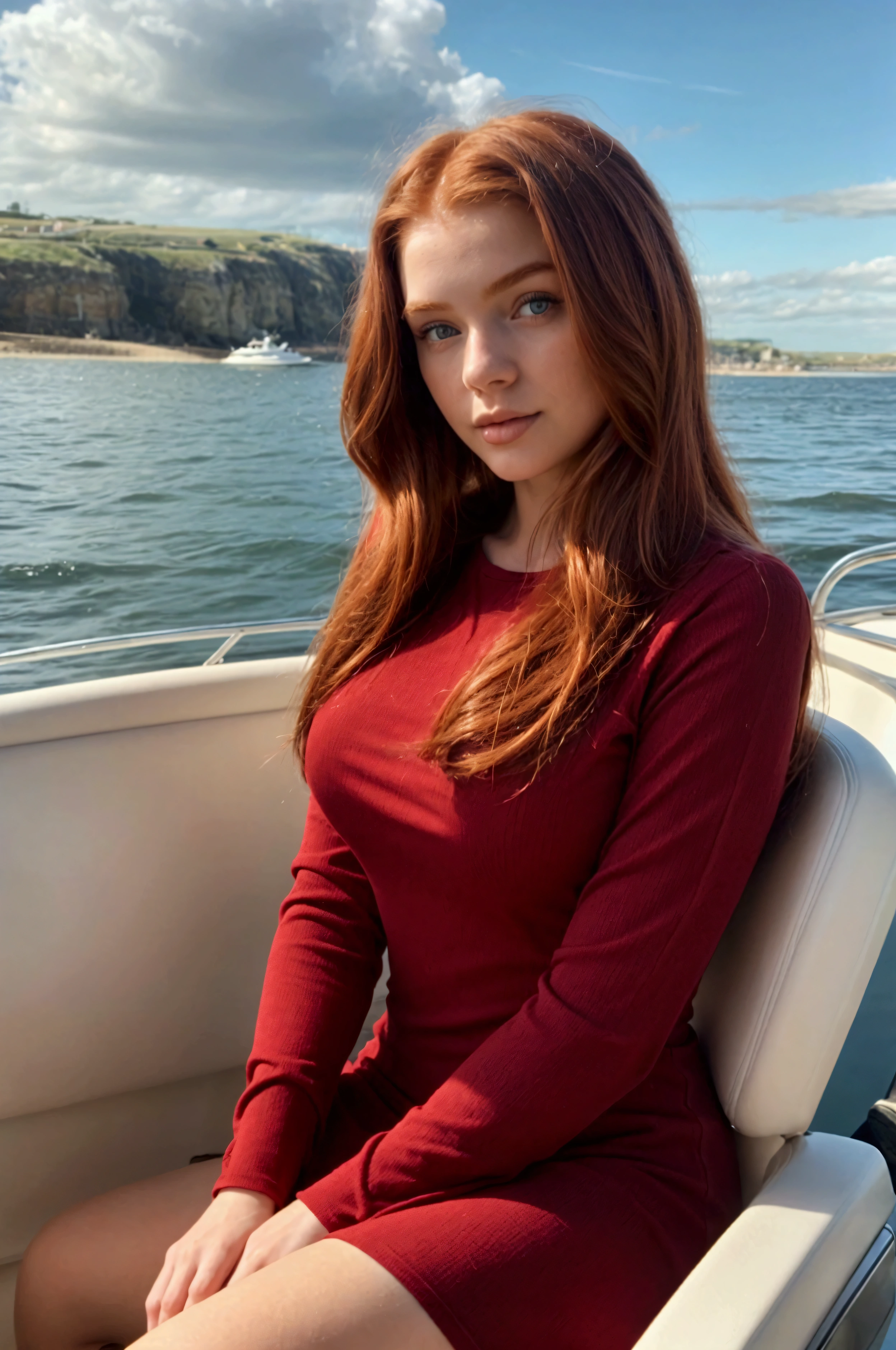 Realistic redhead young woman wearing a short dark red long-sleeved dress sitting on a speedboat with a beautiful seaside landscape