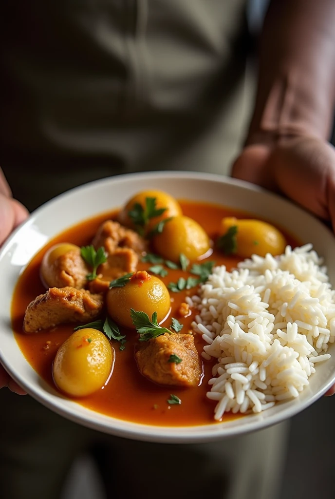 Mon epoux nigerian a cuisiné un bon plan curry pomme de terre et dinde jaimerais une photo avec le bras de mon mari,il a la peau foncé et un pkat avec du riz basmati long parfumé et chaud avec un curry indien pomme de terre et dinde