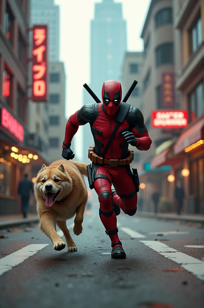 On a busy city street, create a 3D image of a large dog chasing after Deadpool, Deadpool running in his iconic costume. The background will be cool and stylish 
