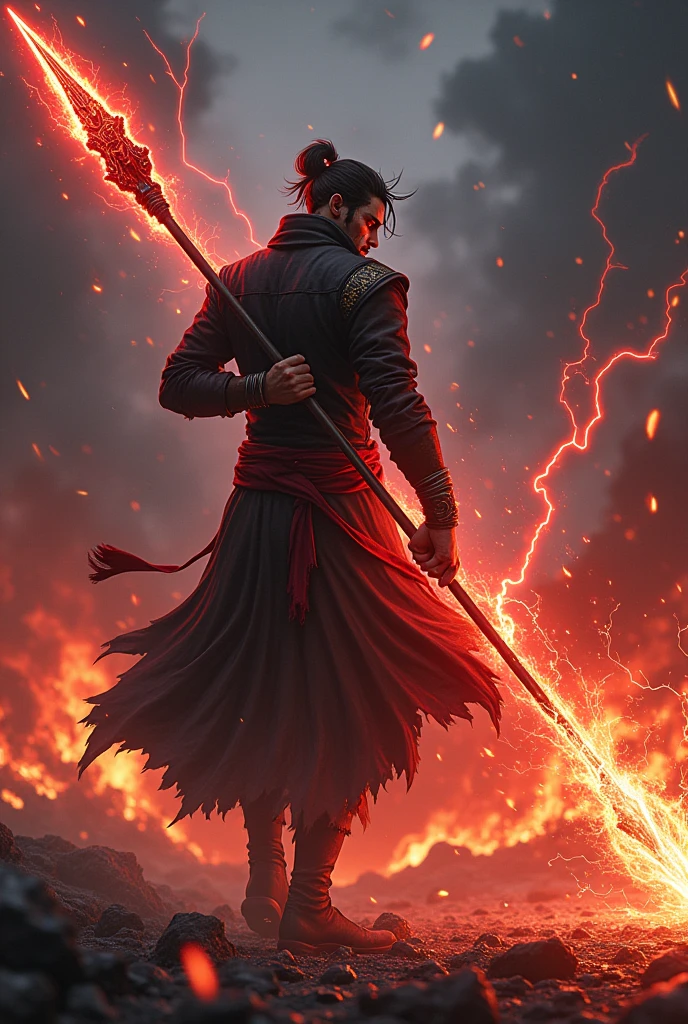 I want to create a fire mage that ressemble my hero academia Dabi. he should use flames with lightning.
make him to be piercing and thrusting with his red spear