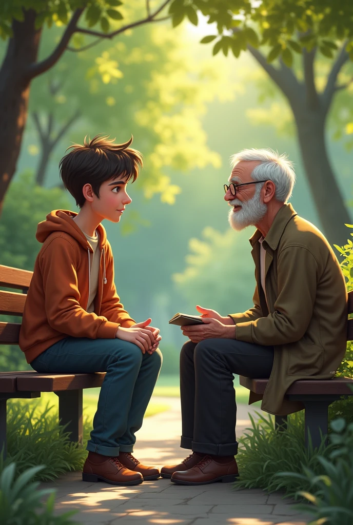 A young man chatting with an old man