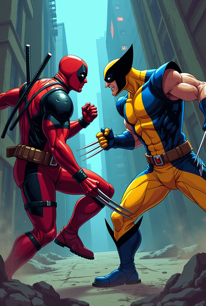 anime version of Deadpool fighting classic wolverine in classic blue and yellow suit from marvel comics