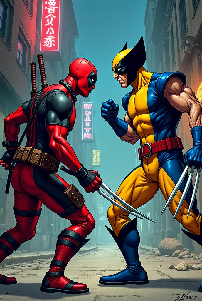 anime version of Deadpool fighting classic wolverine in classic blue and yellow suit from marvel comics