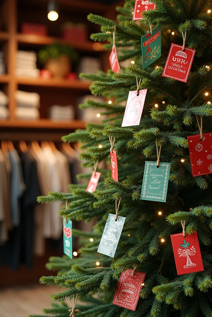Christmas Cards hanging on the pine tree inside a clothe store, View 8K, High Quality, Photorealistic, show all the pine