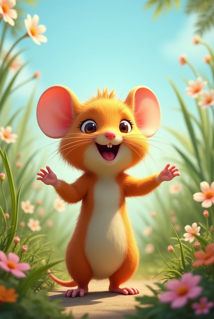 There is a orange colored mouse which is standing and spreading both its hands and feeling the beautiful natures around and feel relaxed.