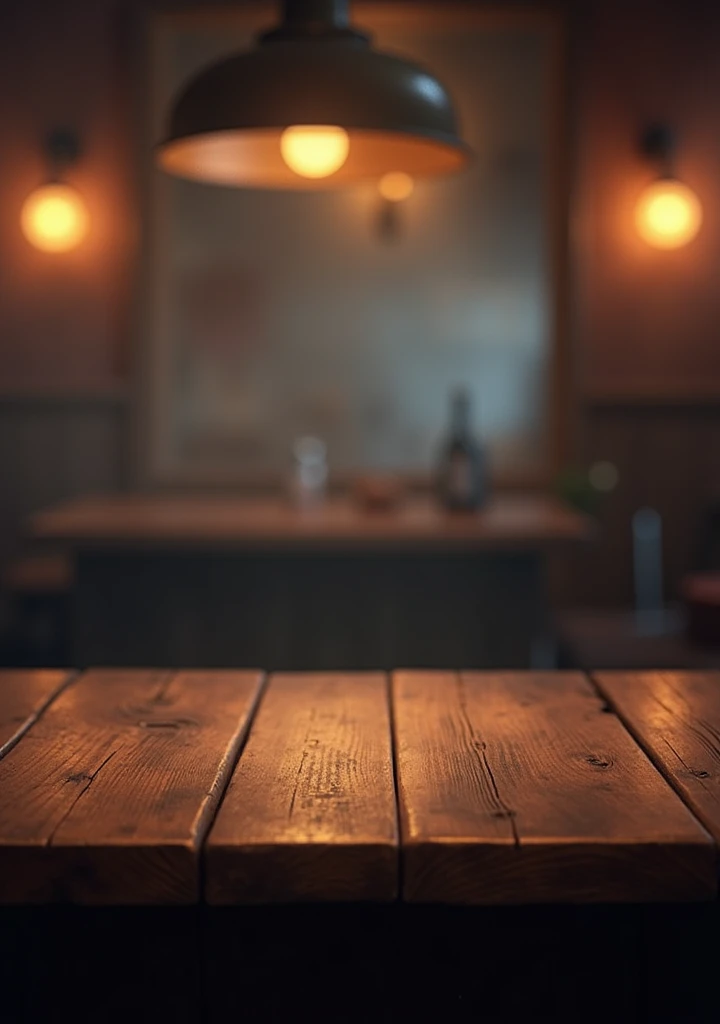Create a realistic background in a bar with blurred background, and with a wooden table in the foreground