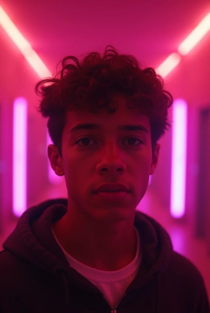 gay 15 year old boy with curly hair barfing into toilet with disco lights and pink and purple lights wearing shorts and a white tank top