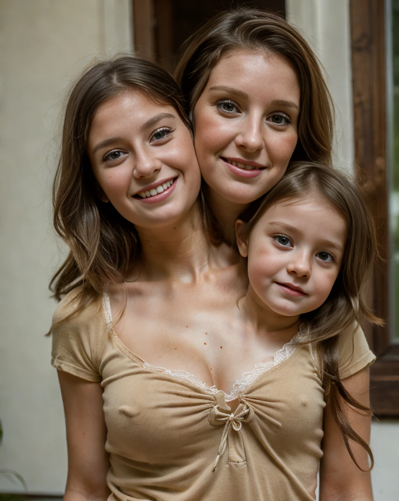 Two headed girl, (a young and a 30 year old woman:1.5), (mom and daughter:1.5), (redhead daughter and brunette mom:1.3), (uncomfortable:1.3)