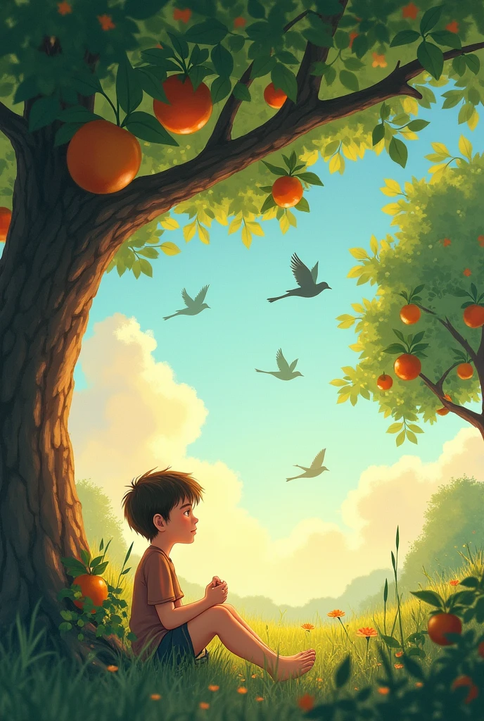 A boy without mustache and beard dreaming his beautiful heaven include , birds, siting under trees with beautiful fruits  evening 