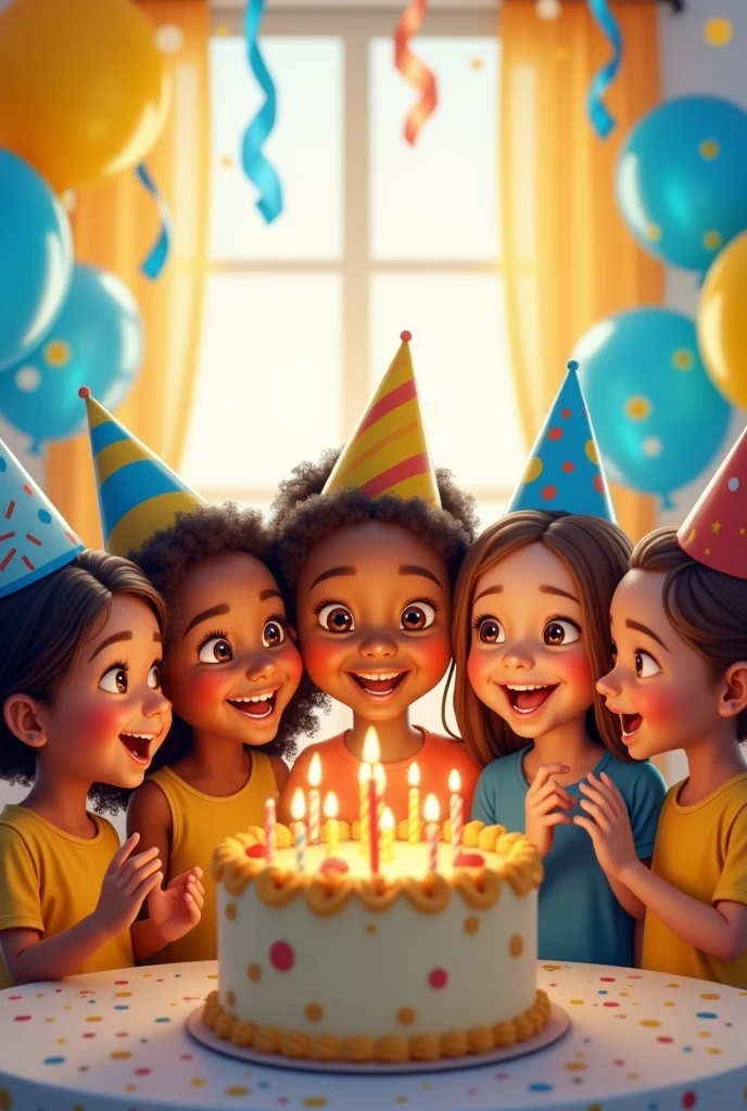 A group of 6 children, some with brown skin and some with white skin, are gathered in a brightly lit room. They are all wearing party hats and holding balloons, and there is a large birthday cake in the center of the room. The children are all smiling and laughing, and the room is decorated with colorful streamers and balloons. The general mood is one of joy and celebration. (Be careful when creating eyes and mouths). The colors blue and yellow are preferred.