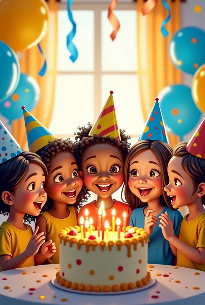 A group of 6 children, some with brown skin and some with white skin, are gathered in a brightly lit room. They are all wearing party hats and holding balloons, and there is a large birthday cake in the center of the room. The children are all smiling and laughing, and the room is decorated with colorful streamers and balloons. The general mood is one of joy and celebration. (Be careful when creating eyes and mouths). The colors blue and yellow are preferred.