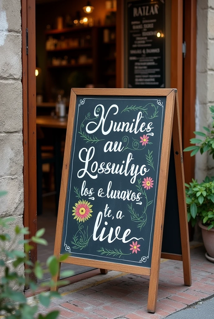 create a menu board in front of a restaurant. The phrase in Portuguese should be written in chalk on the sign.: "Leadership is action, not position."