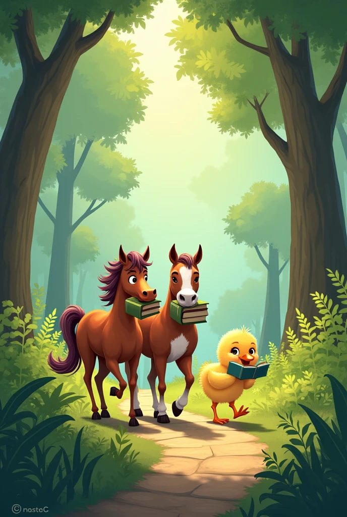 Image of a dog, A horse and a chick walking through the woods with books