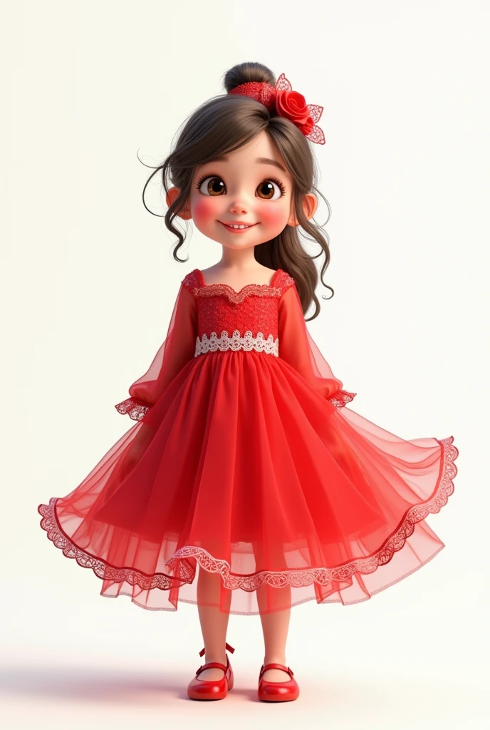A full body 3D drawing of a child wearing a red tulle dress with long sleeves and white lace, cheerful and happy 