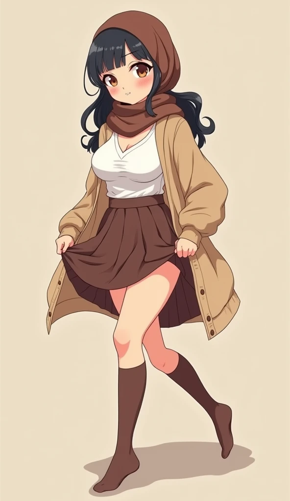 Anime with text: 
(masterpiece, best quality, 4k, expressive eyes, perfect face, 2d style, flat style, hand drawn), Cute and adorable face, big detailed eyes,, Cute anime girl, ((big breast, big , thick thighs)), with brown hijab on, ((brown Hijab)), bangs, wearing oversized beige cardigan, white shirt, cleavage, brown skirt, ((brown socks, long socks)), ((no shoes, without footwear)), showing her panties, pulling up her skirt, showing and exposing her legs, upskirt, exposed legs, white underwear, full body view, walking sideways 