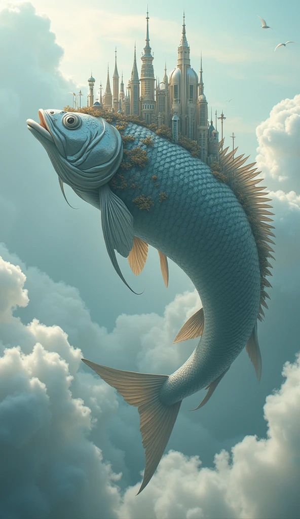 A stylized 3D rendering of a gigantic fish with buildings growing out of its scales, swimming through the air in a surreal, cloudy landscape."