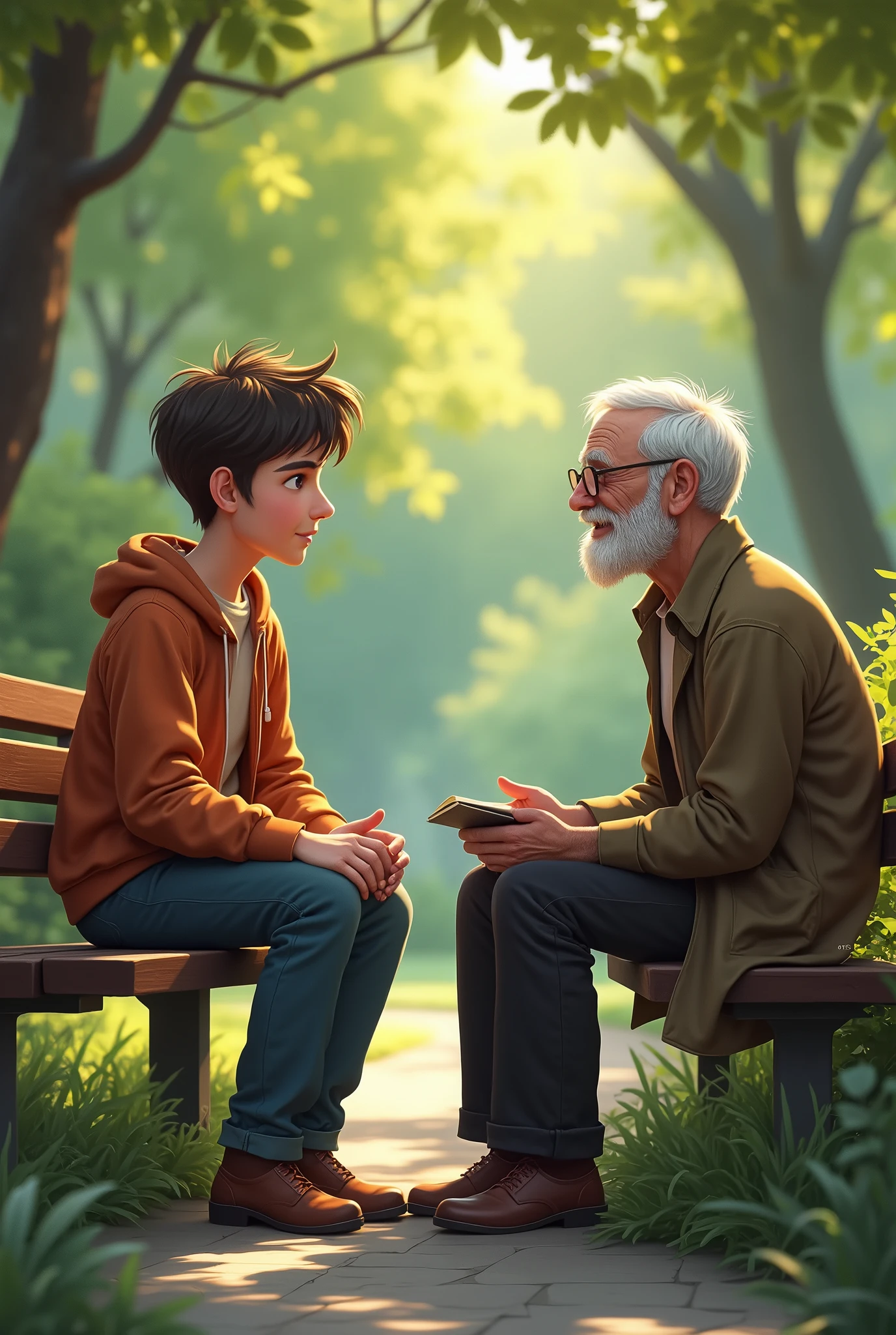 A young man chatting with an old man 