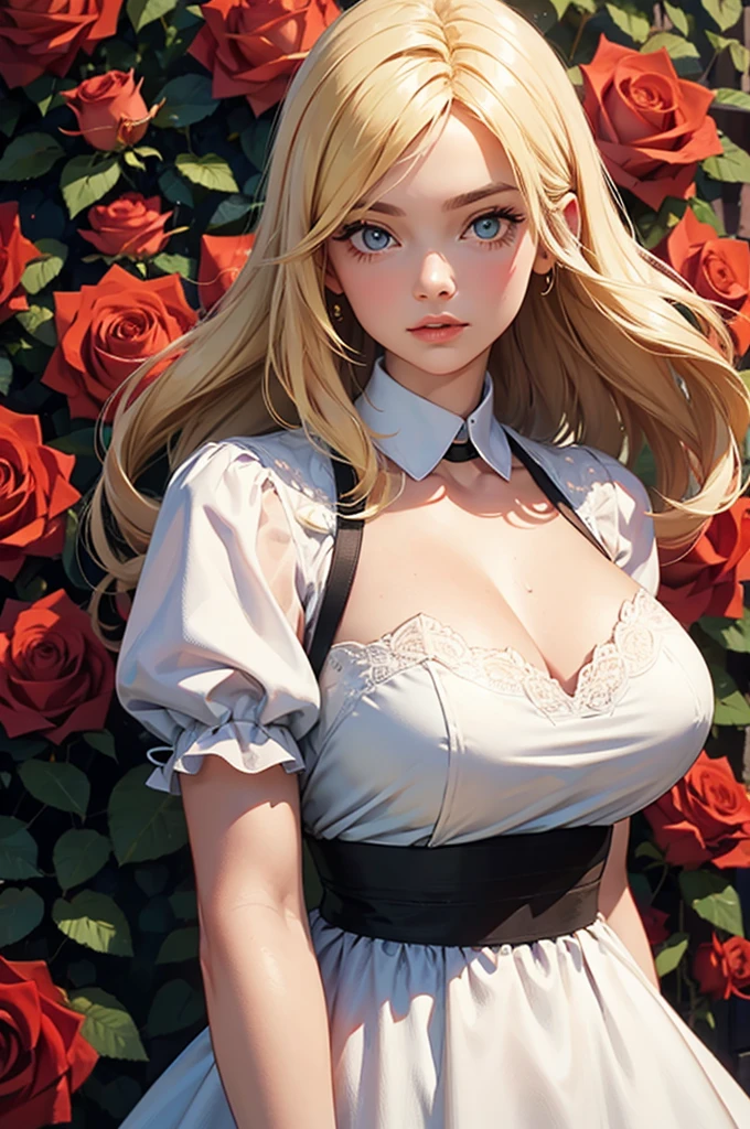 Girl surrounded by big roses, upper body, blonde