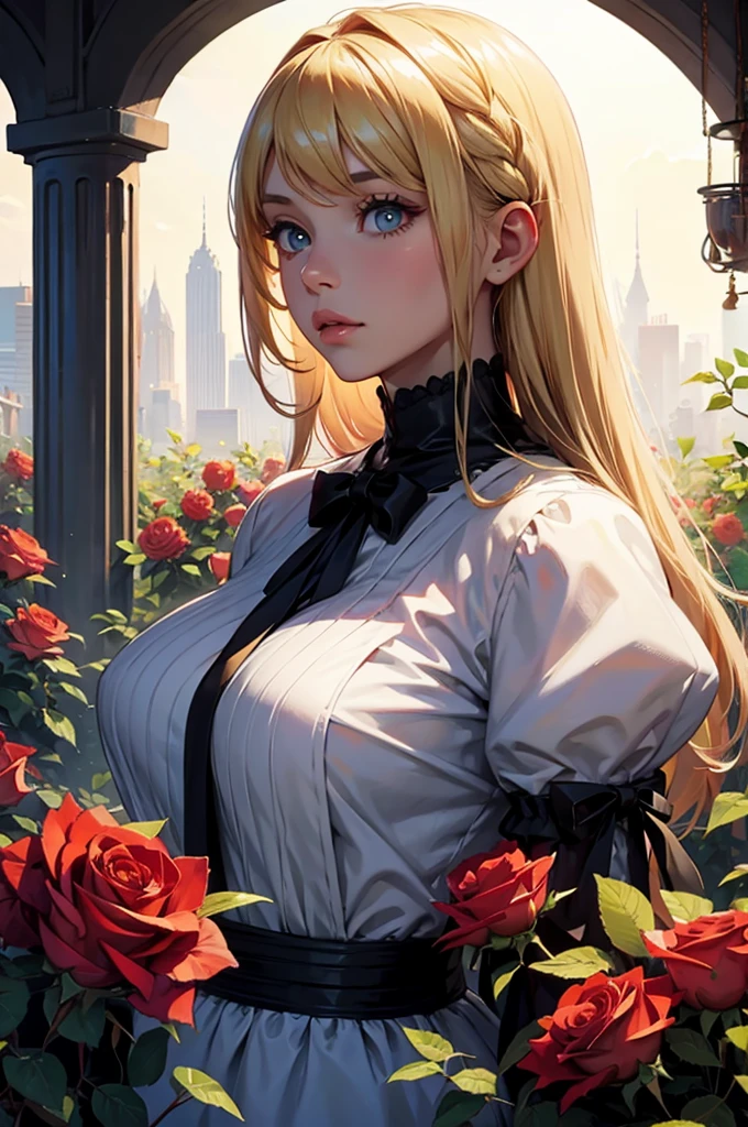 Girl surrounded by big roses, upper body, blonde