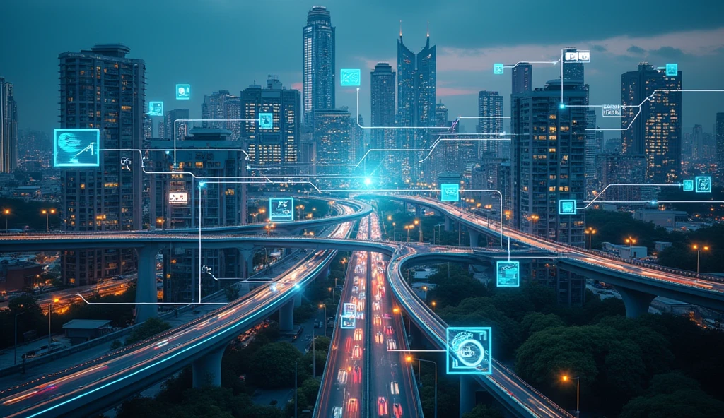 Artificial image of Networks and IoT, in smart city applications, with the same writings in the image.