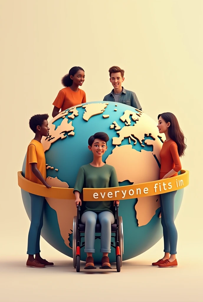 I would like a simple image showing a globe with the phrase 'Everyone fits in' written around it and 5 people each representing a disability., wheelchair user, the main one being visual impairment.