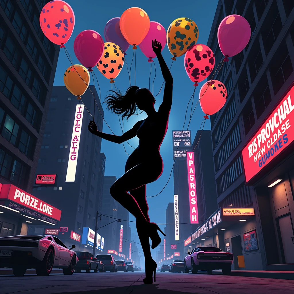 Black shadow of a beautiful woman dancing with her hands up surrounded by hip hop cartoon style balloons, Vice City GTA, street background (view from below)