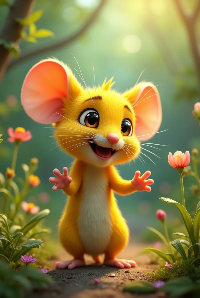There is a yellow colored mouse which is standing and spreading both its hands and feeling the nature.