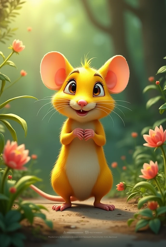 There is a yellow colored mouse which is standing and spreading both its hands and feeling the nature.