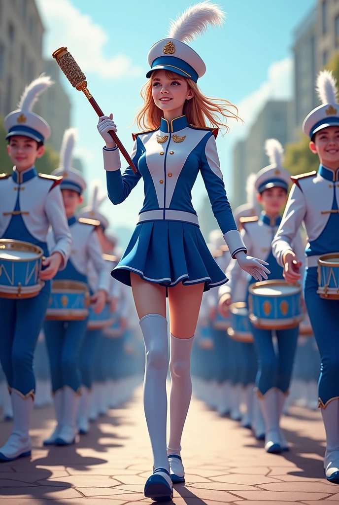 age female drum majorette wearing drum band uniform (wearing a white and blue drumband uniform with long sleeves and a skirt)leading the carnival drum band procession while holding a drum majorette baton with a background of drummers behind. Looks more human
