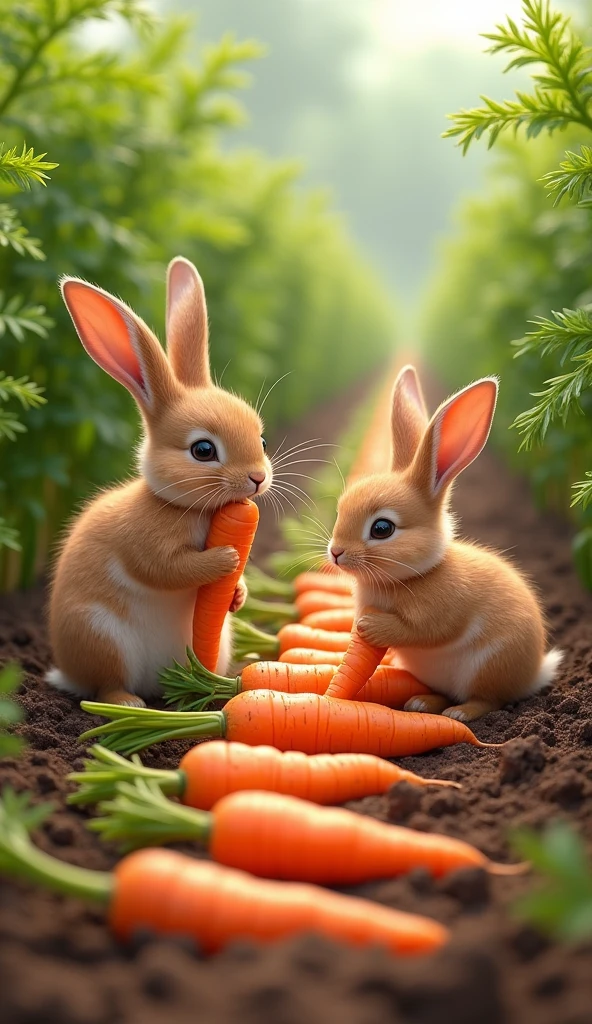 a picture of brown rabbits family harvest carrot row by row and reap them