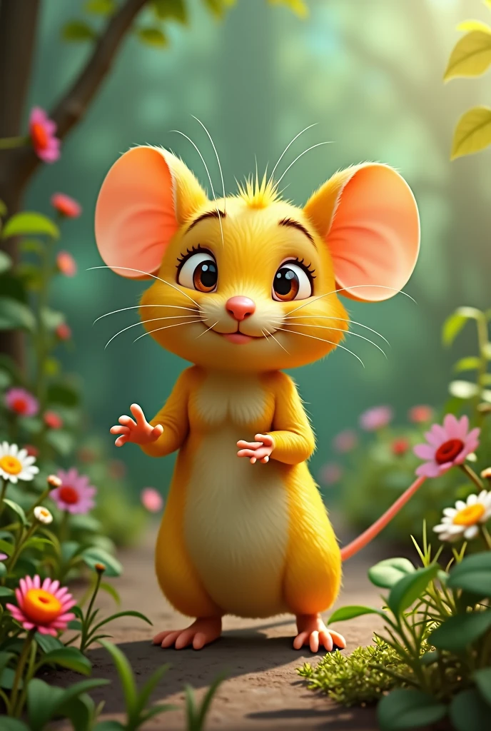 There is a yellow colored mouse which is standing and spreading both its hands and feeling the nature.