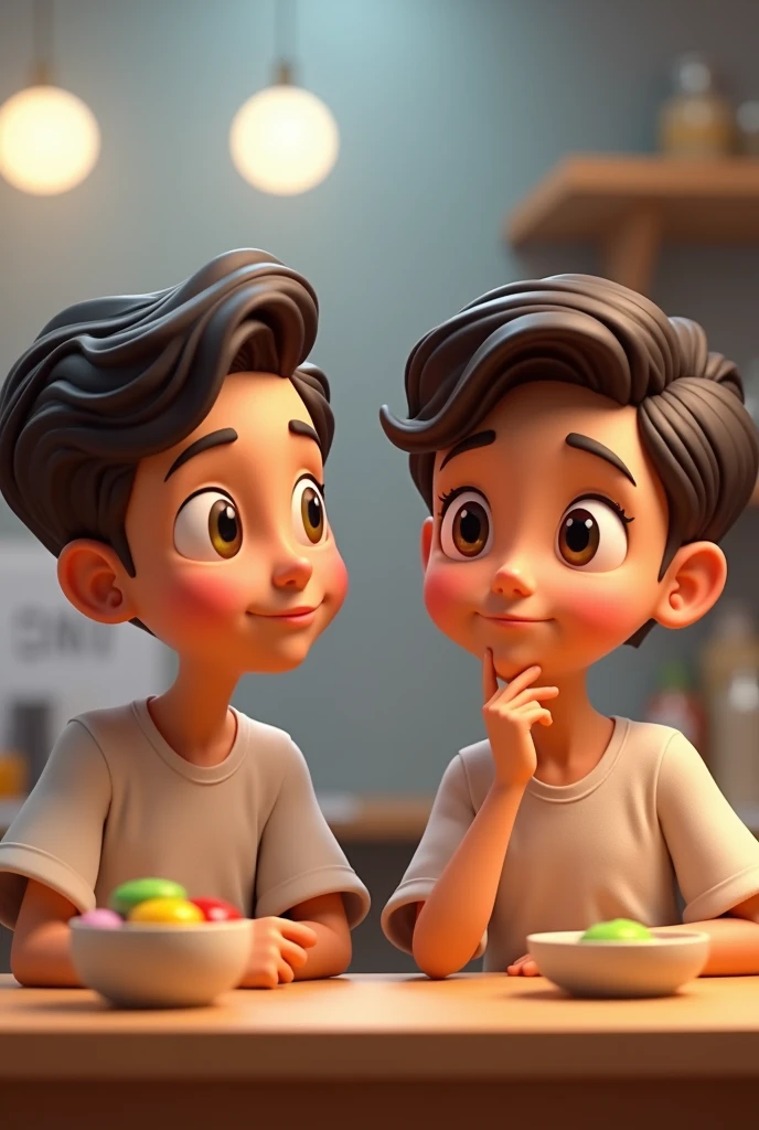 A person thinking about what to eat, looking up, facing the camera but not looking at the camera, cartoon 3d realista, for a candy advertisement. A serious pose and another with a slight social smile 



