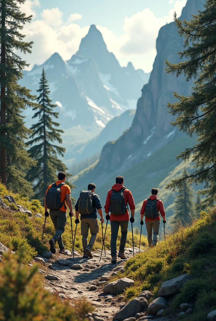 4 men hiking