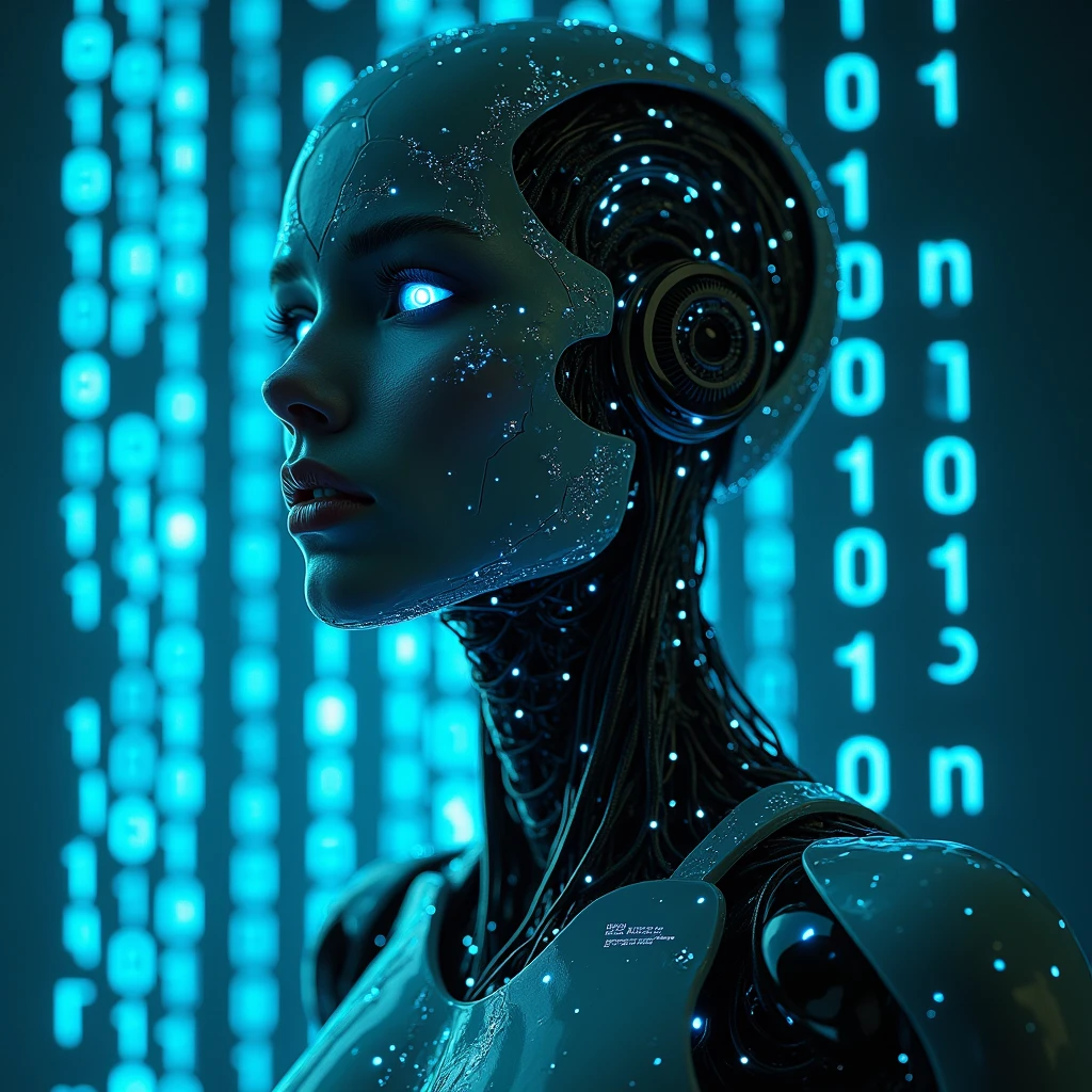 A human-looking female figure, but with AI traits, is highlighted. She has impeccable beauty, but his face and body show small cracks or crevices that reveal circuitry, wires, and blue neon lights beneath the skin. Her eyes shine inhumanly, with a blank expression, without real emotions. The background of the image is a mix of futuristic elements, with cascading binary codes and abstract digital patterns. There is a sense of distrust and coldness in the image., reflecting the idea of something that seems real, but it's not.