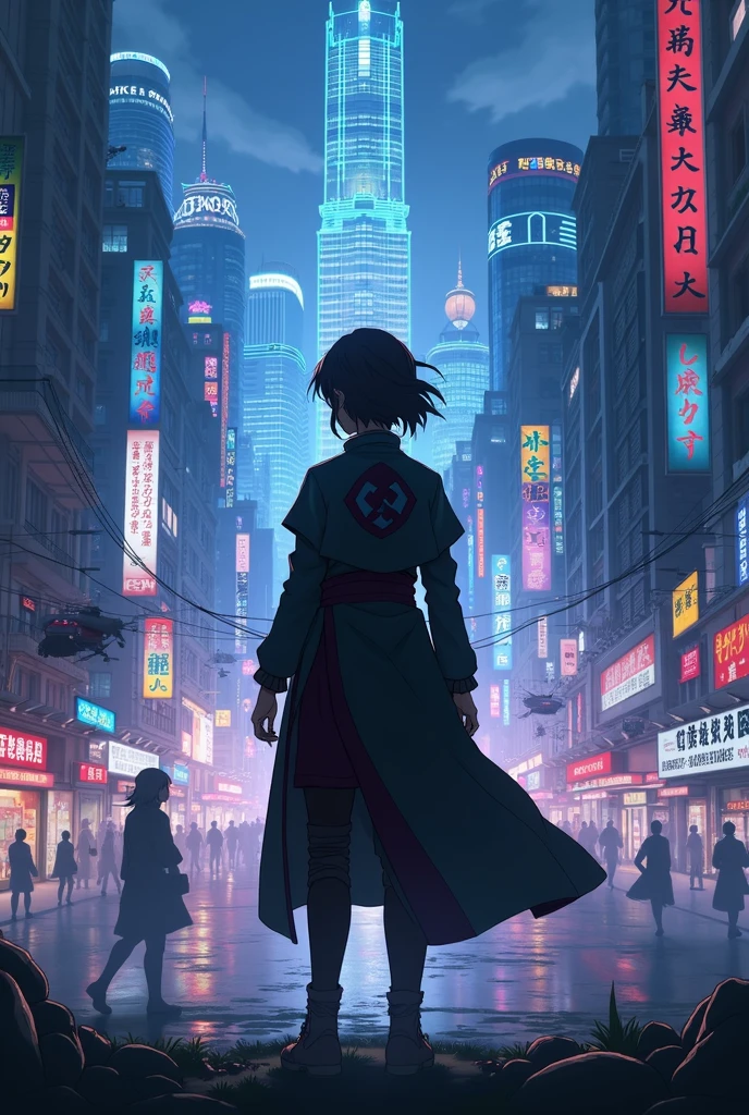Cyberpunk with the character from Magic Battle Toji standing with his back turned and looking at the city of Night City