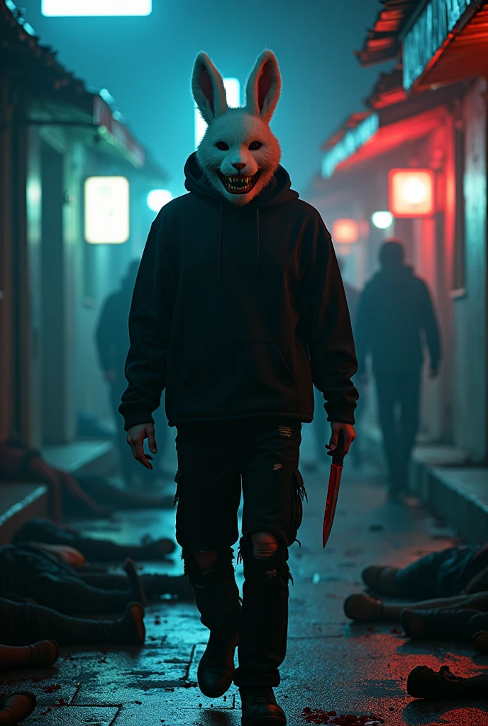 lizoldBS_soul3142,1 male, furry White bloody rabbit mask with creepy smile and yellow bloody teeth , completely Black hoodie, standing in the city street at night, neon lights in the background, steampunk, dystopia, ethereal, detailed, masterpiece, best quality, dramatic lighting, full body, torn Black pants, blood stains, walking to camera, holding ritual knife in the right hand, dead bodies in the background, bloody massacre