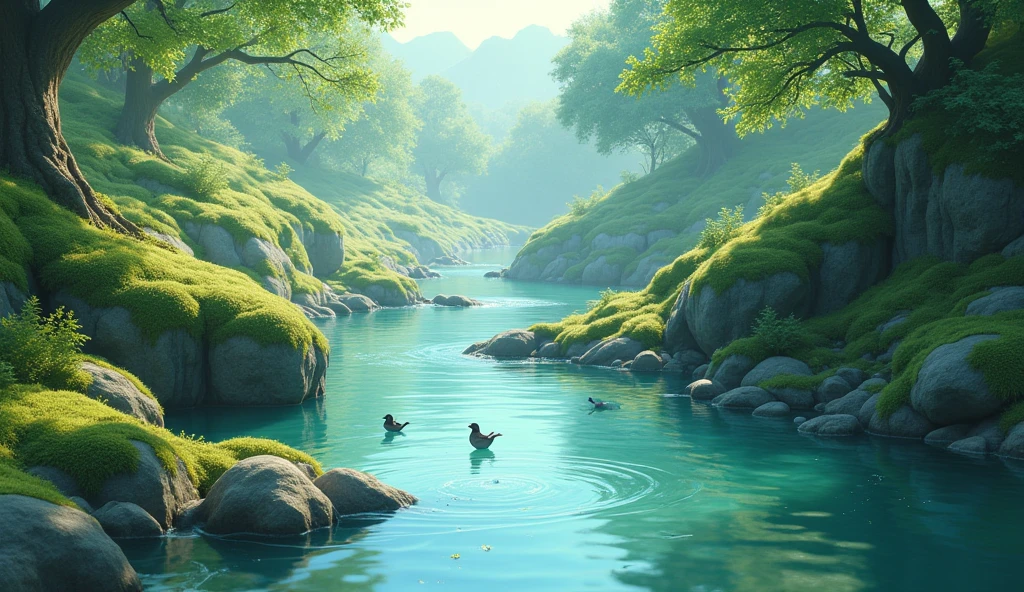 clear flowing river water and mossy rocks  and the birds chirp 
