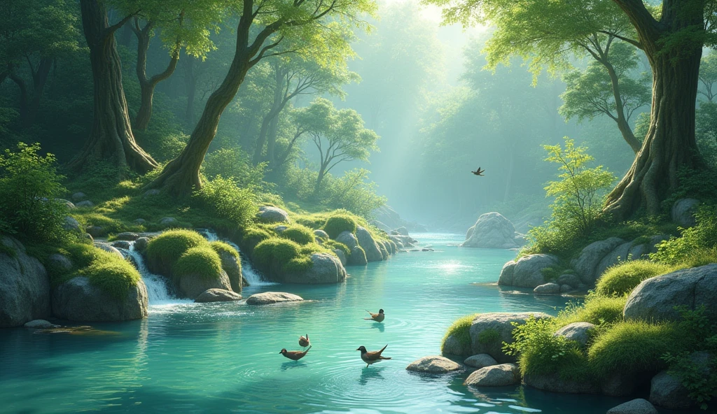 clear flowing river water and mossy rocks and the birds chirp