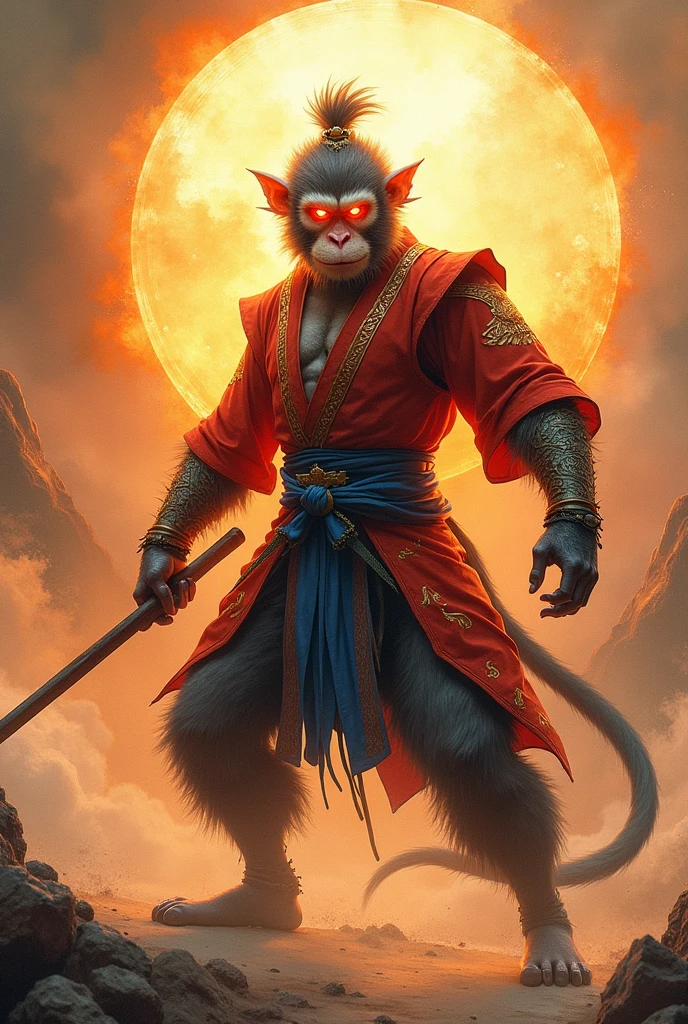 Monkey king woukong half human half monkey holding his Weapon , super detailed colourful, water colour type, glowing background masterpeice with high details,extra details,flaming eyes highly detailed wearing Chinese samurai suit