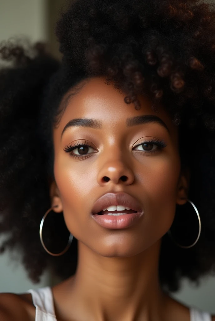 Front close-up of a beautiful woman with a giant butt, long black afro curly hair tied up, big light brown eyes, small-nose, perfect mouth with extremely full lips, face natural, naughty face, excited and sensual, super detailed mulatto skin depth and texture, raw-photo, hyper realist, higher quality, high resolution 8k uhd.