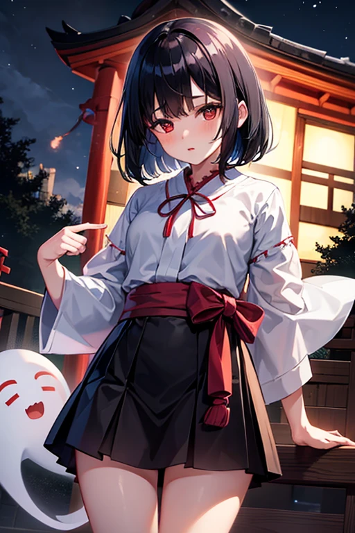 Girl, Shrine Maiden Clothes, Black Hair, Short Bob, Late Night, Shrine, Charm, Darkness, Ghost Story