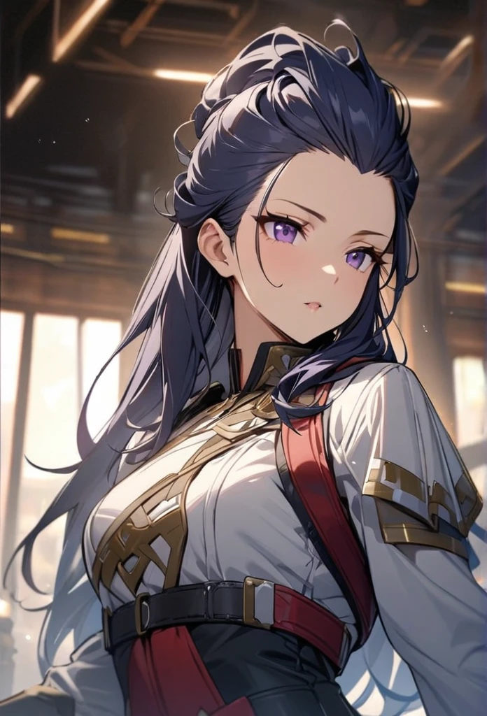 Solo, 1 women, dark blue hair, purple eyes, (((high quality))), masterpiece, detailed face, Bangs Pinned Back, long hair, missy hair, beautiful, noble combat clothes