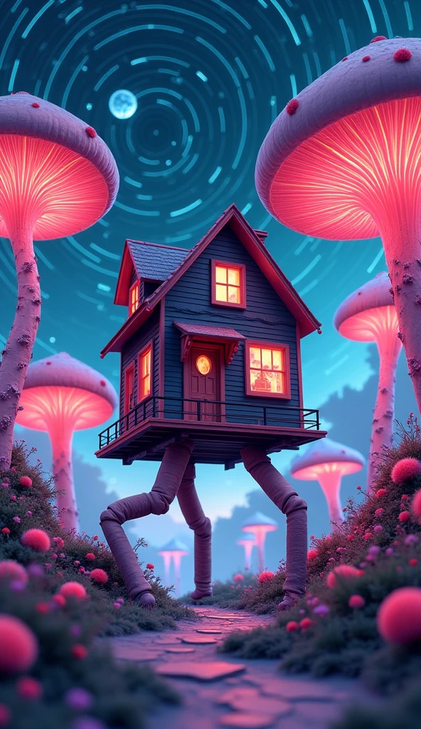 "A stylized 3D image of a house with legs, walking across a landscape of giant, neon-colored mushrooms under a swirling, starry sky."