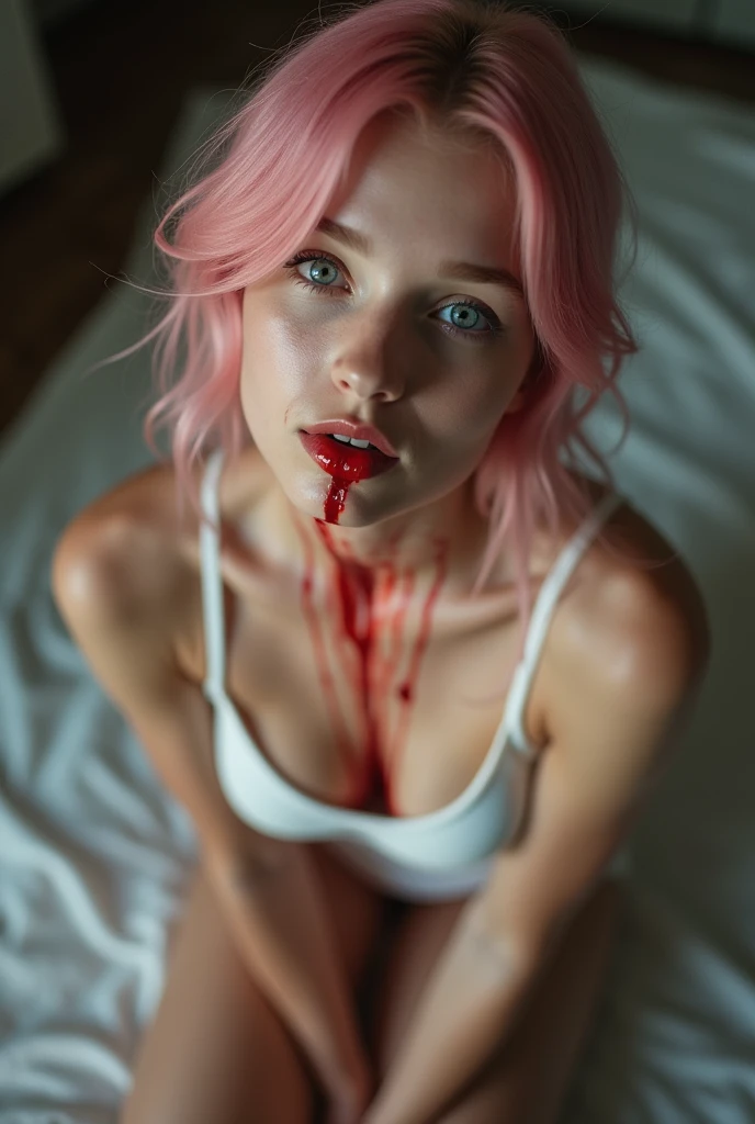 A young woman sitting on the floor wearing white lingerie. She looks up at the camera with her lips slightly parted. She has pink hair, blue eyes, and is a fair skinned slender european woman. She should have an adorable and innocent face with a doe eyed expression. (((a trail of red blood mixed with saliva runs from her slightly agape mouth down her chin and coats her exposed cleavage))), (Breasts and face in focus), cinematic lighting, chromatic aberration, backlighting, masterpiece, high details, high quality, 4K.