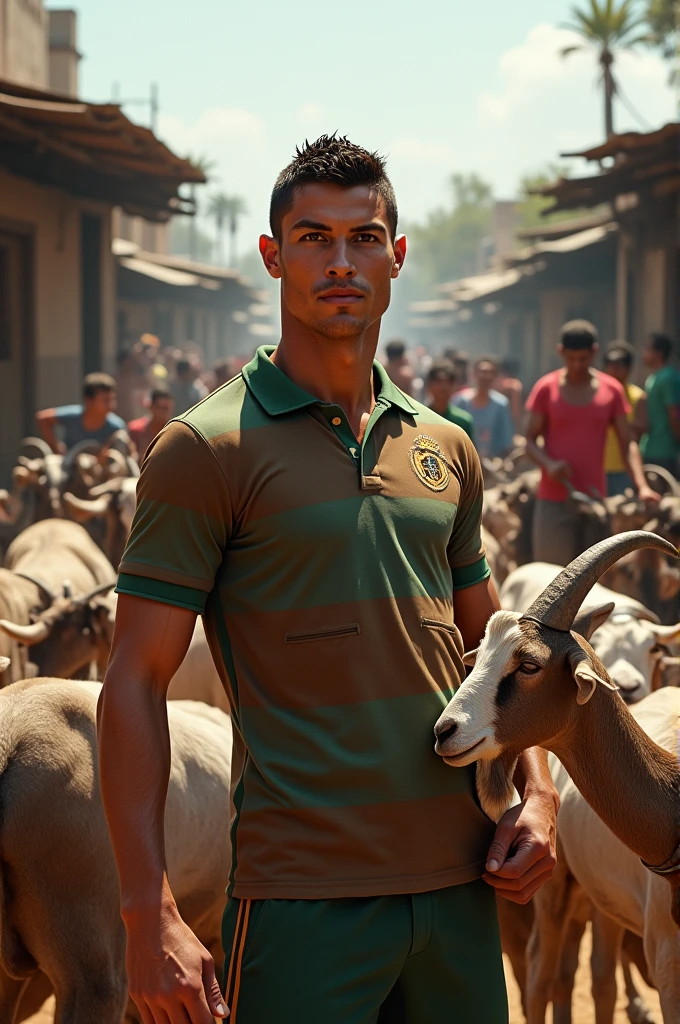 A bustling marketplace filled with livestock. Cristiano Ronaldo, wearing a brown and green striped polo shirt, stands amidst a group of goats, holding one by the neck. The scene is lively, with the people in the background going about their activities,some wearing colourful attire. The setting is rustic, with makeshift stalls and a variety of animals around. The overall atmosphere is vibrant and energetic.