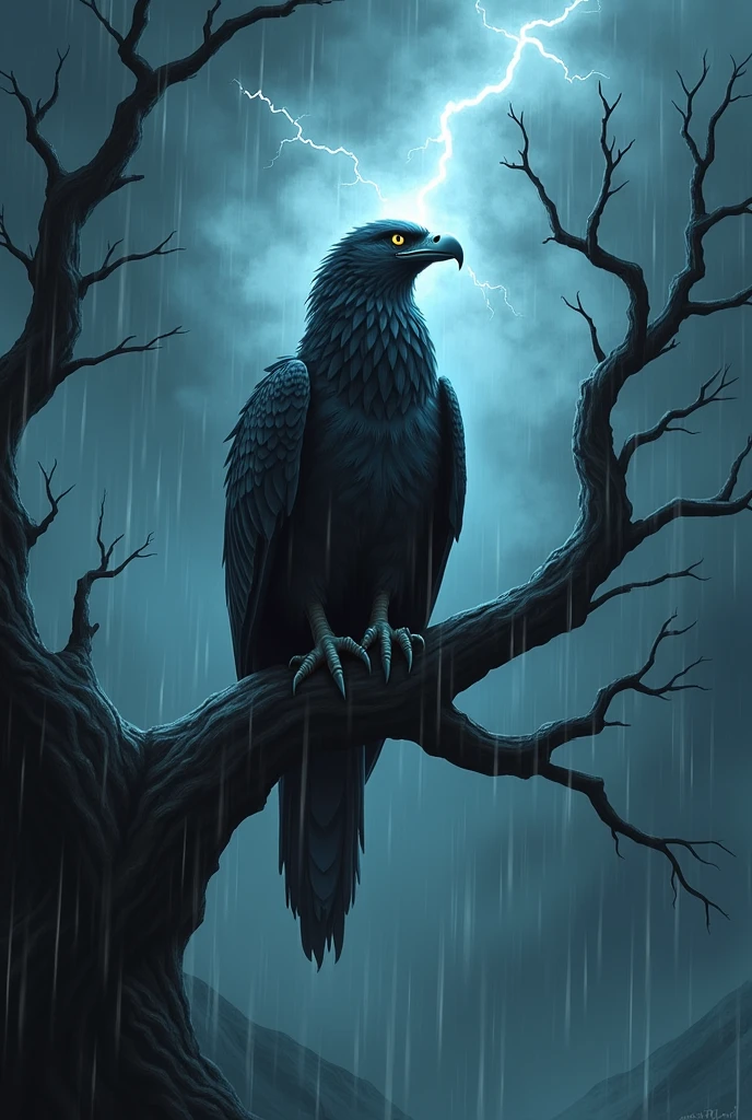 Bird on a tree branch in the middle of a storm