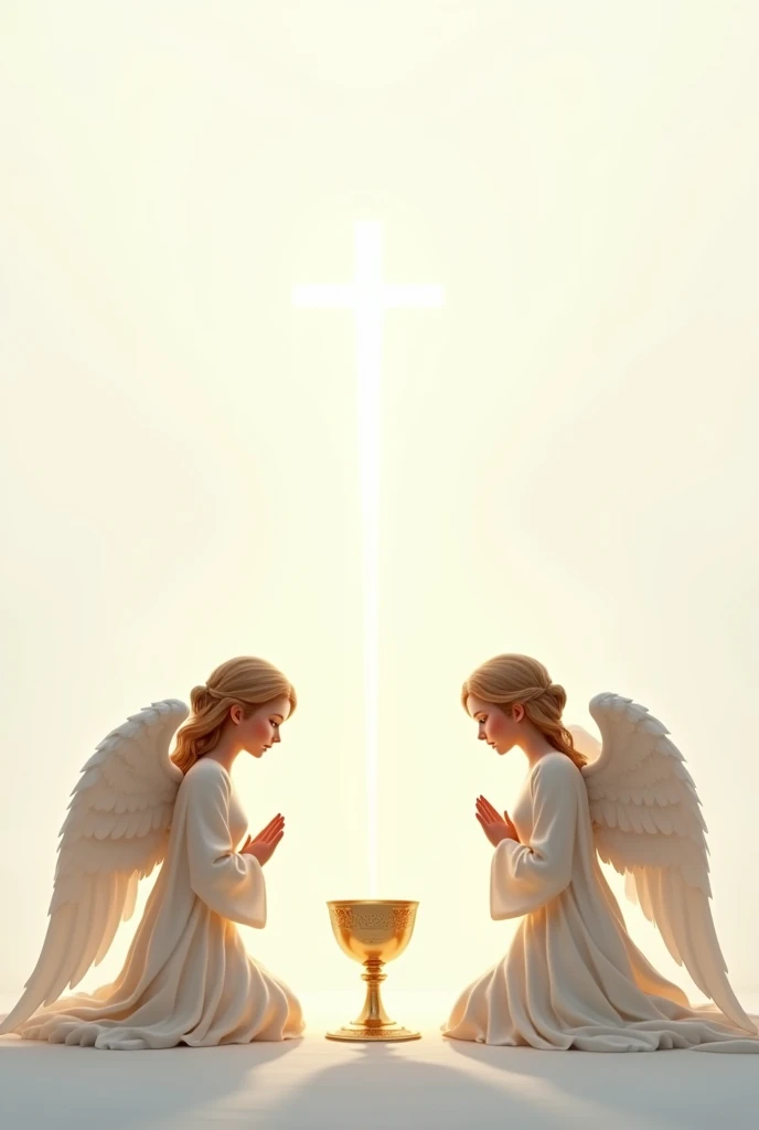 Beautiful angels on their knees guarding a chalice and host on a white background. 