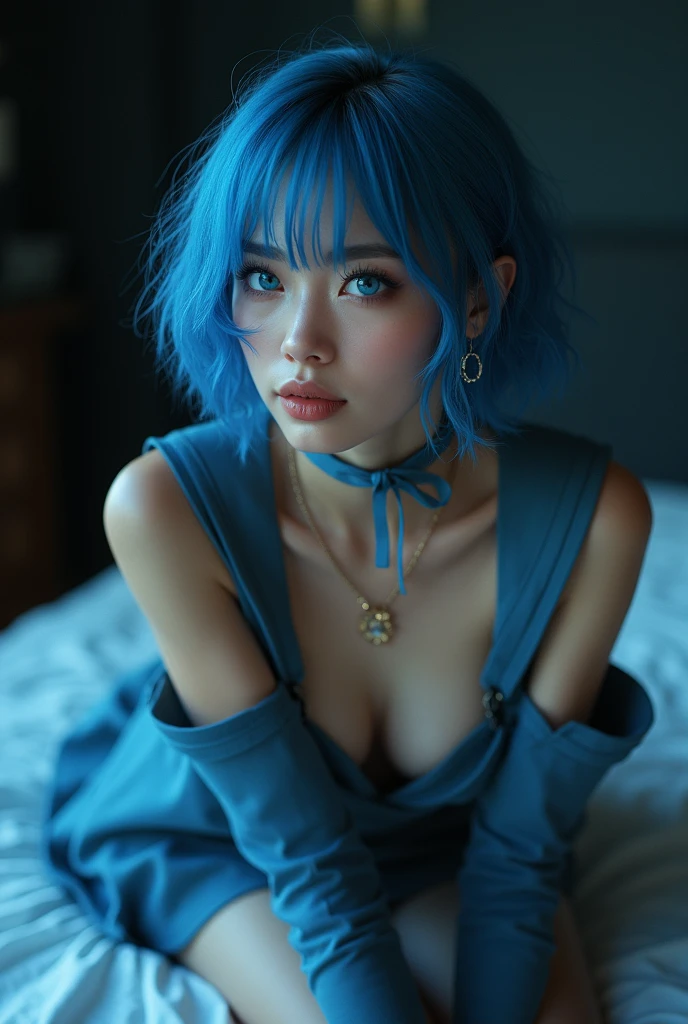 ((Best quality, 8k, Masterpiece :1.3)), Full body, Sharp focus :1.2, Beautiful woman with perfect body shape :1.4, Slim stomach :1.2, ((Cyan hair, Big breasts :1.2)), (Night city view, Bedroom :1.1), Highly detailed face and skin texture, Detailed eyes, Double eyelids, Big breasts, No clothes, Open cleavage, (No panties), Indoor scene, Office, Oppai, Seductive, NSFW, adegan dewasa