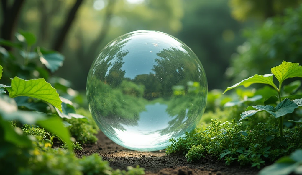 A beautiful transparent round shape boll green garden background empty from inside