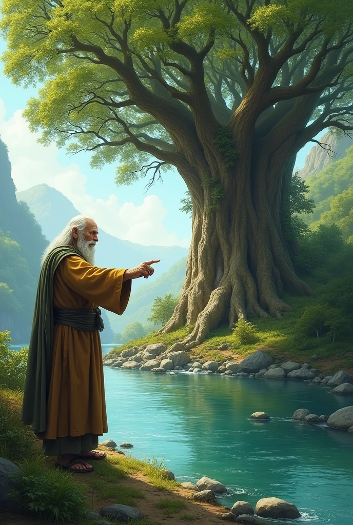 An old wisdomic man pointing a large ancient tree in the riverbank 
